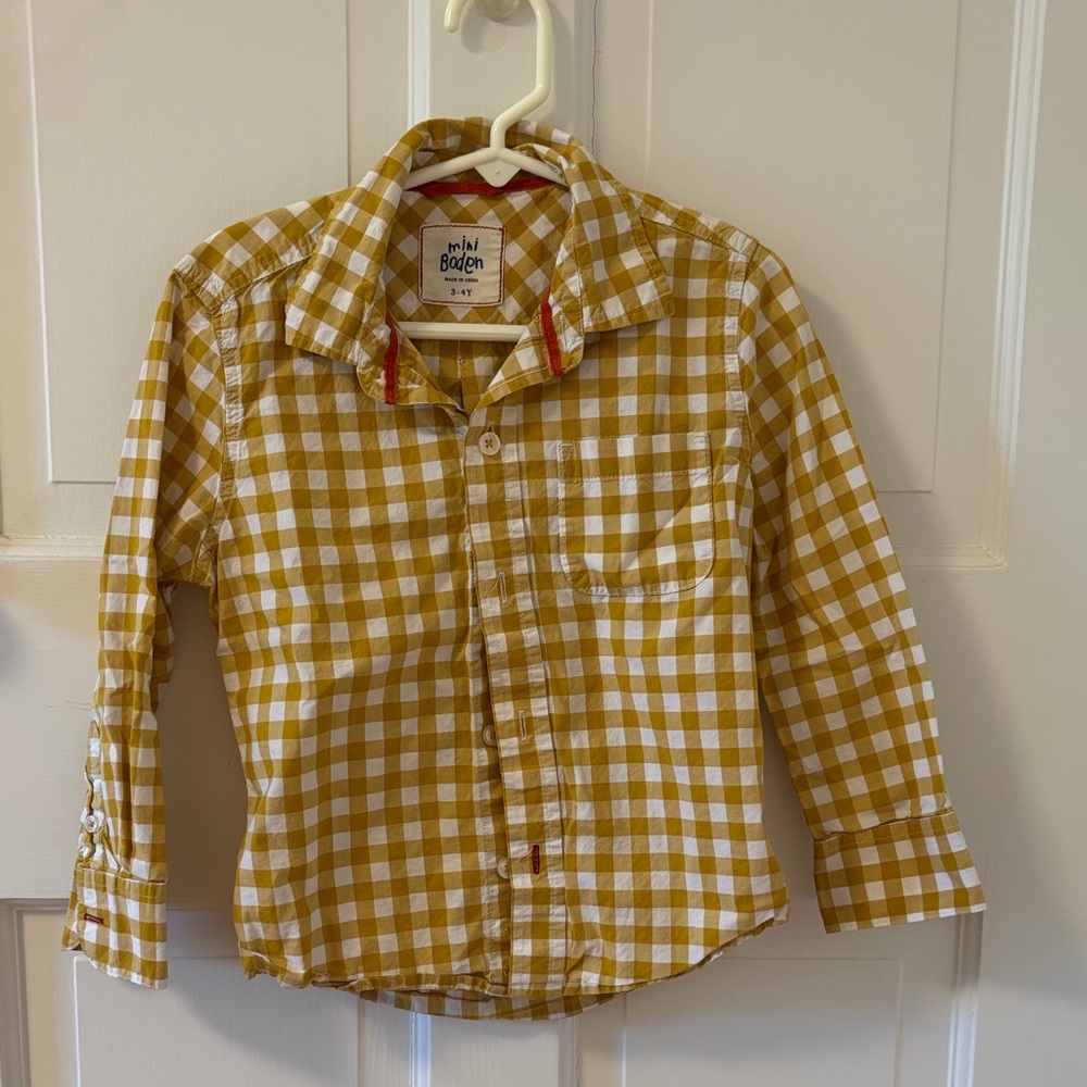 Mini Boden Mustard Check Kids Button-Down Shirt